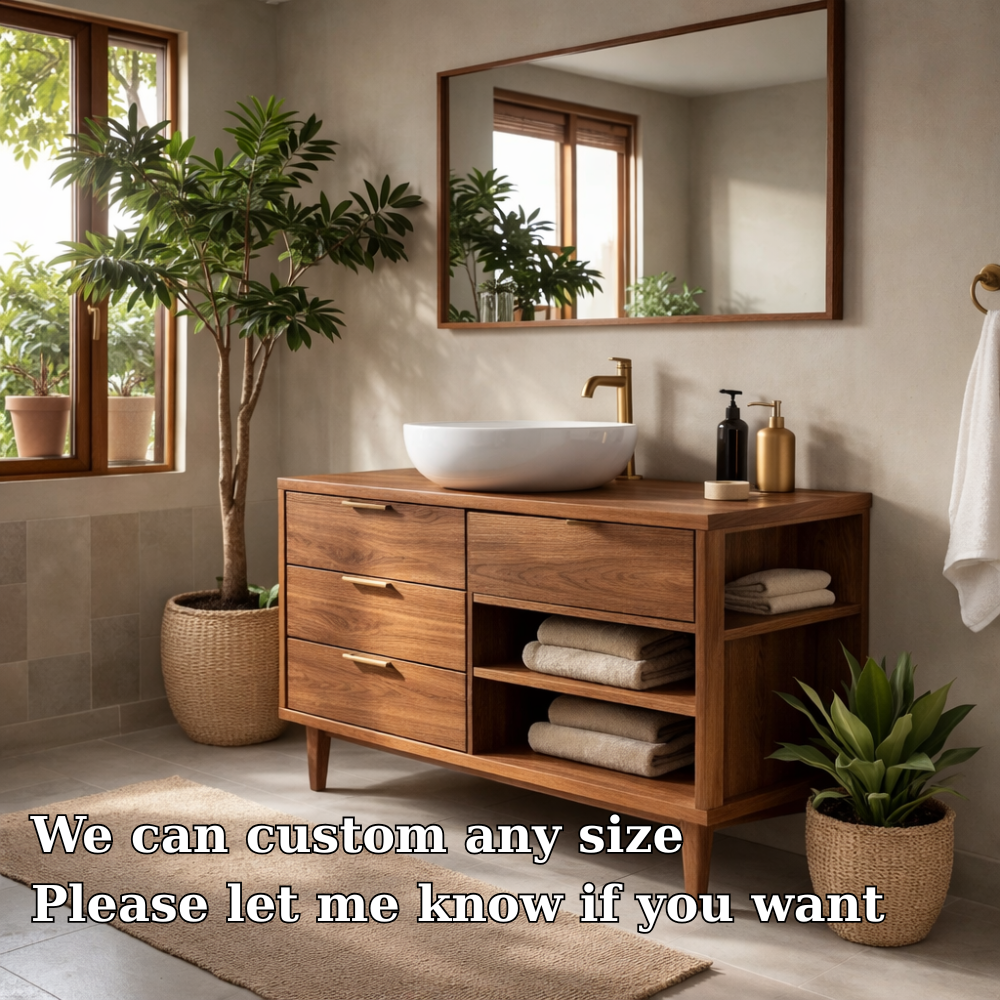Solid Wood Bathroom Vanity with Drawers and Open Side Shelves for Storage
