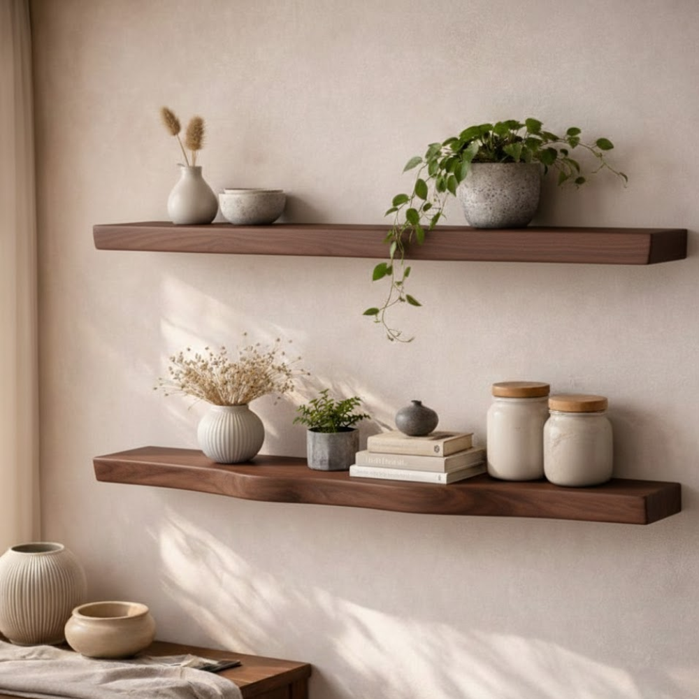 Handcrafted Solid Wood Tree Branch Wall Shelf - Organic Live Edge Floating Bookshelf