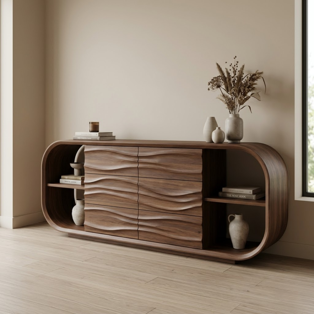 Wave Carved Walnut Console Cabinet - Curved Sideboard with Organic Textures