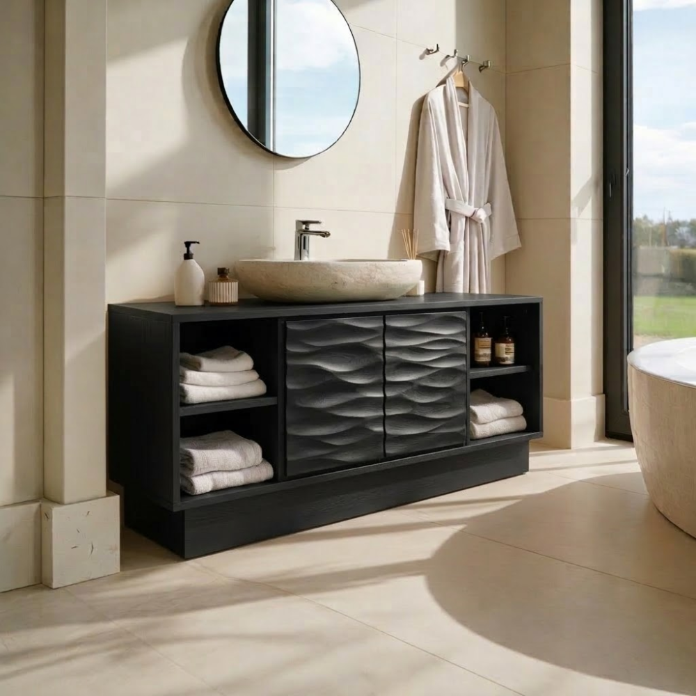 Modern Solid Wood Bathroom Vanity with Wave-Patterned Doors – Storage Cabinet