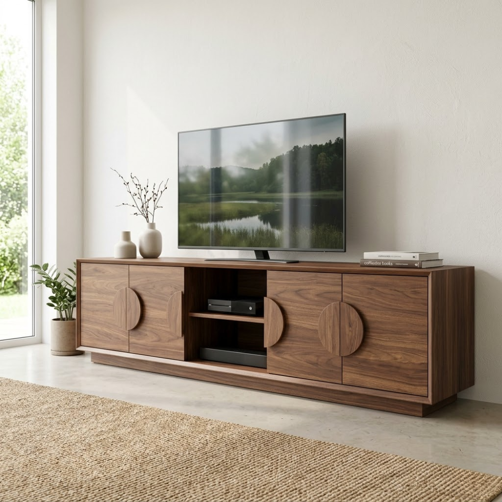 Modern Solid Wood Media Console with Storage – Minimal TV Stand with Cabinets