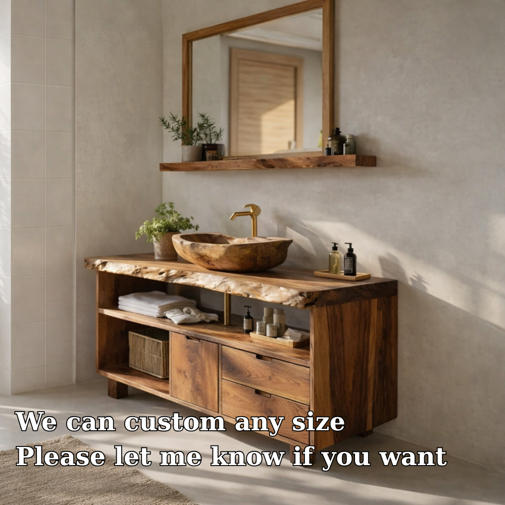 Solid Wood Bathroom Vanity Cabinet with Shelf Storage – Modern Rustic Vanity (No Sink)