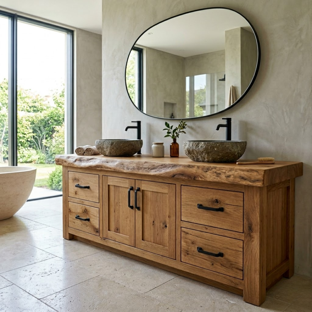 Rustic Oak Bathroom Vanity Double Sink Cabinet Live Edge Solid Wood Storage Unit