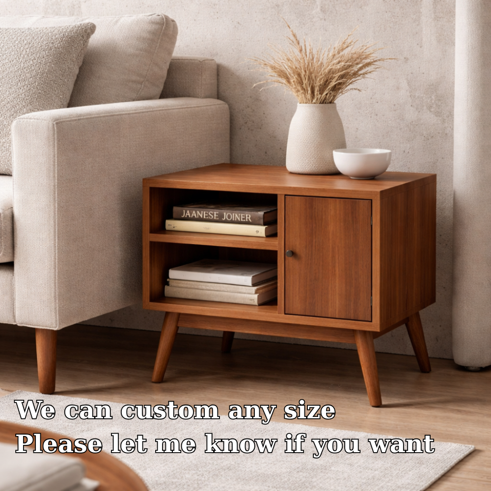 Solid Wood End Table with Door and Open Shelf – Mid Century Modern Side Table