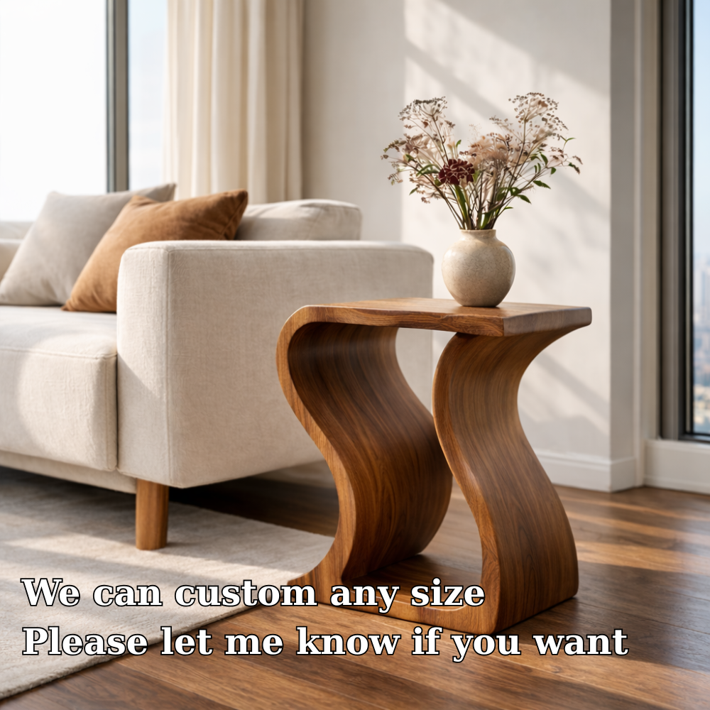 Modern Solid Wood End Table – Sculptural Curved Wooden Side Table for Living Room