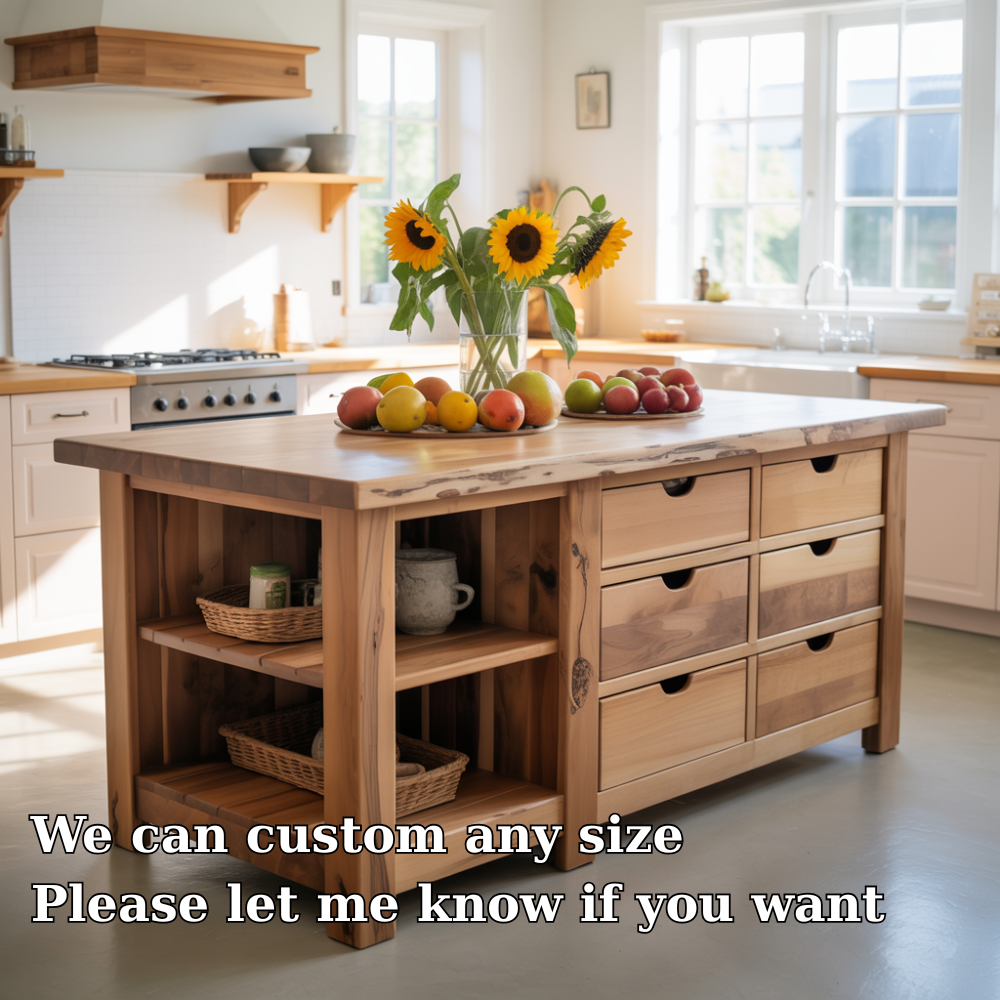 Live Edge Solid Wood Kitchen Island - Rustic Farmhouse Butcher Block Prep Table with Storage