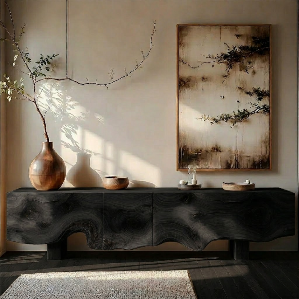 Solid Wood Media Console with Live Edge, Modern Rustic TV Stand Cabinet with Storage