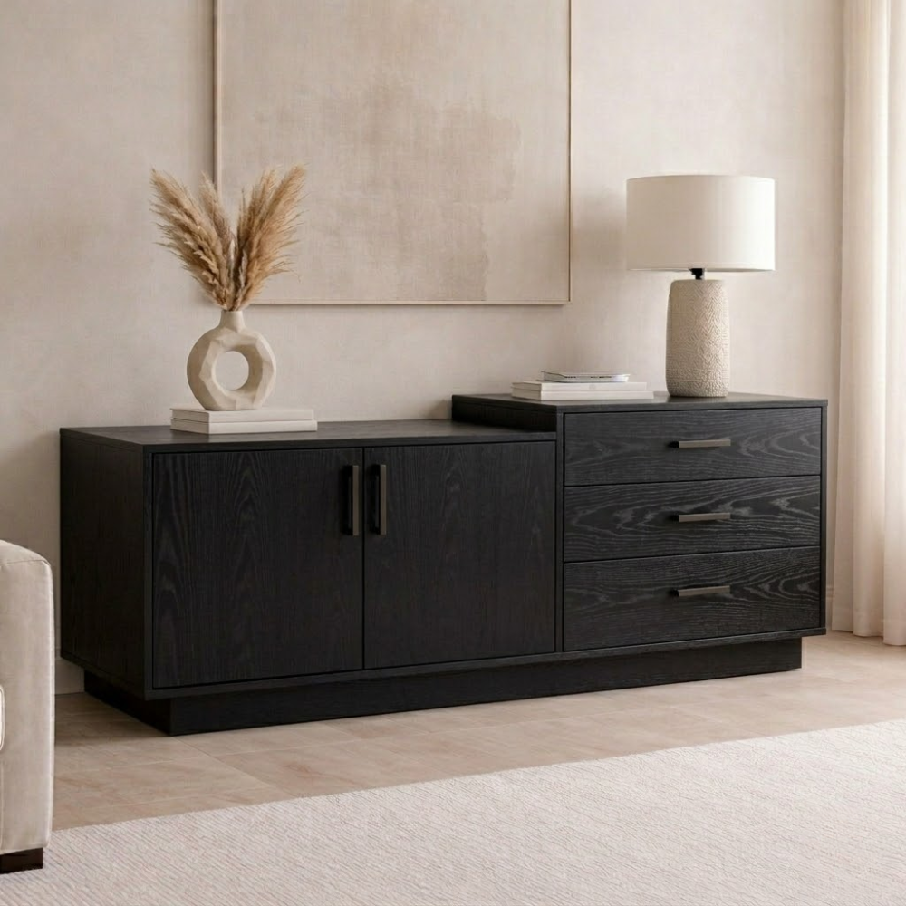 Solid Wood Sideboard Cabinet with 3 Drawers and Double Door Storage