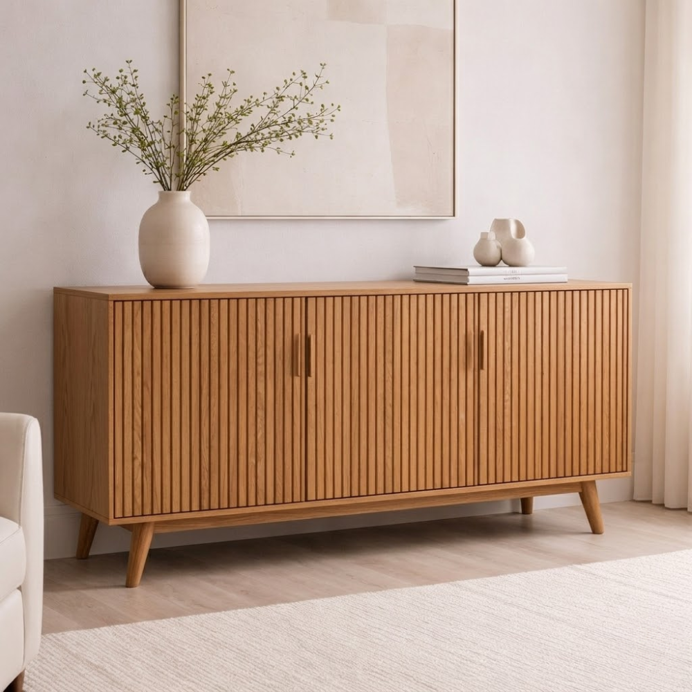 Solid Wood Fluted Console Cabinet with Doors – Modern Storage Sideboard