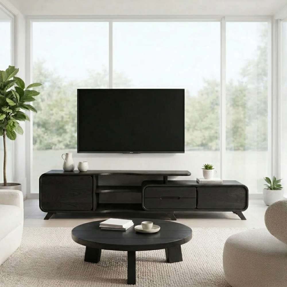 Solid Wood TV Console with Drawers & Shelves – Modern Media Unit Storage