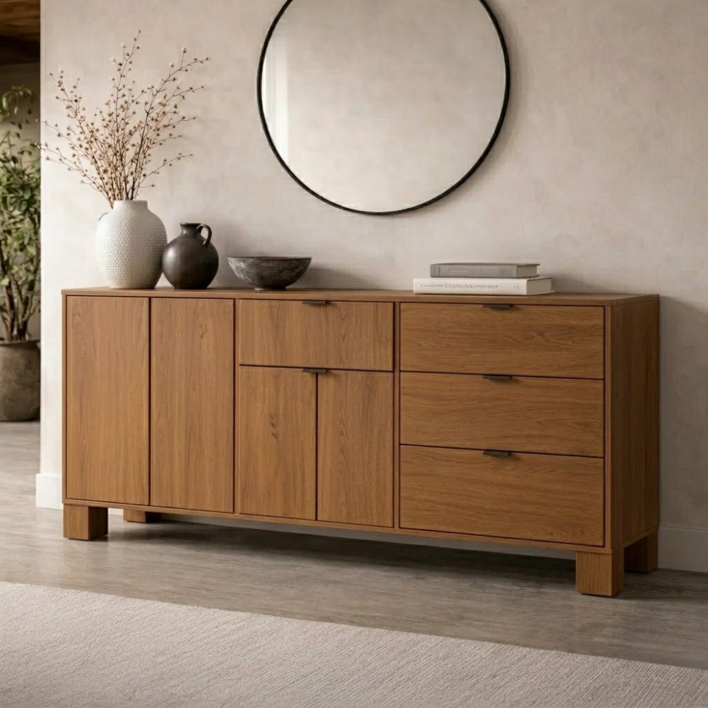 Modern Solid Wood Console Cabinet with Drawers and Doors Storage