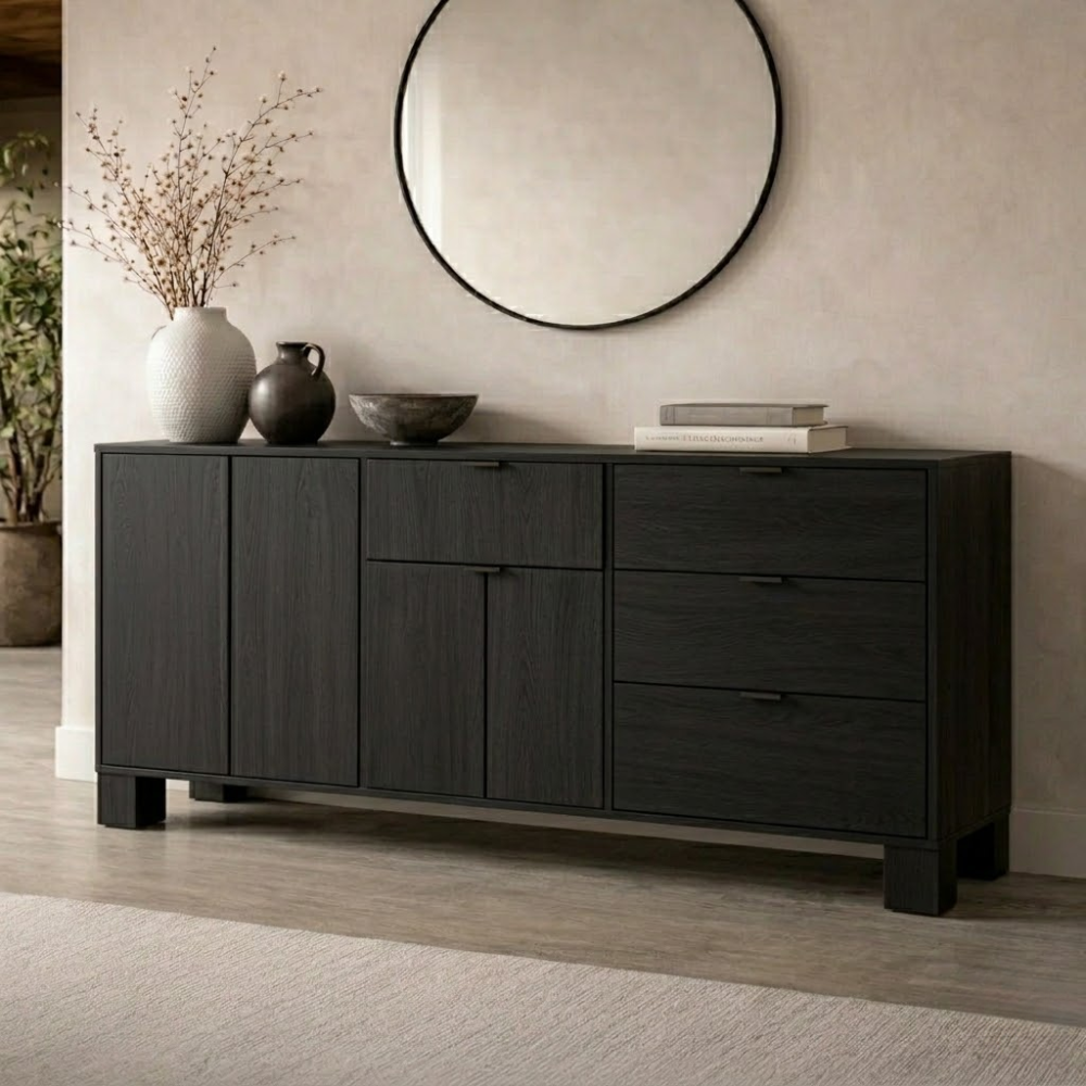 Modern Solid Wood Console Cabinet with Drawers and Doors Storage