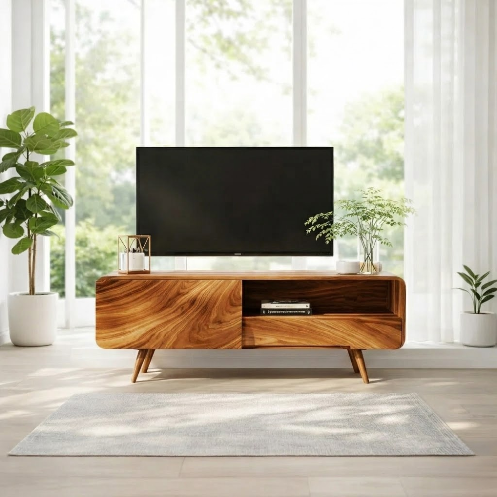 Solid Wood TV Console with Sliding Door – Modern Walnut Media Stand with Storage