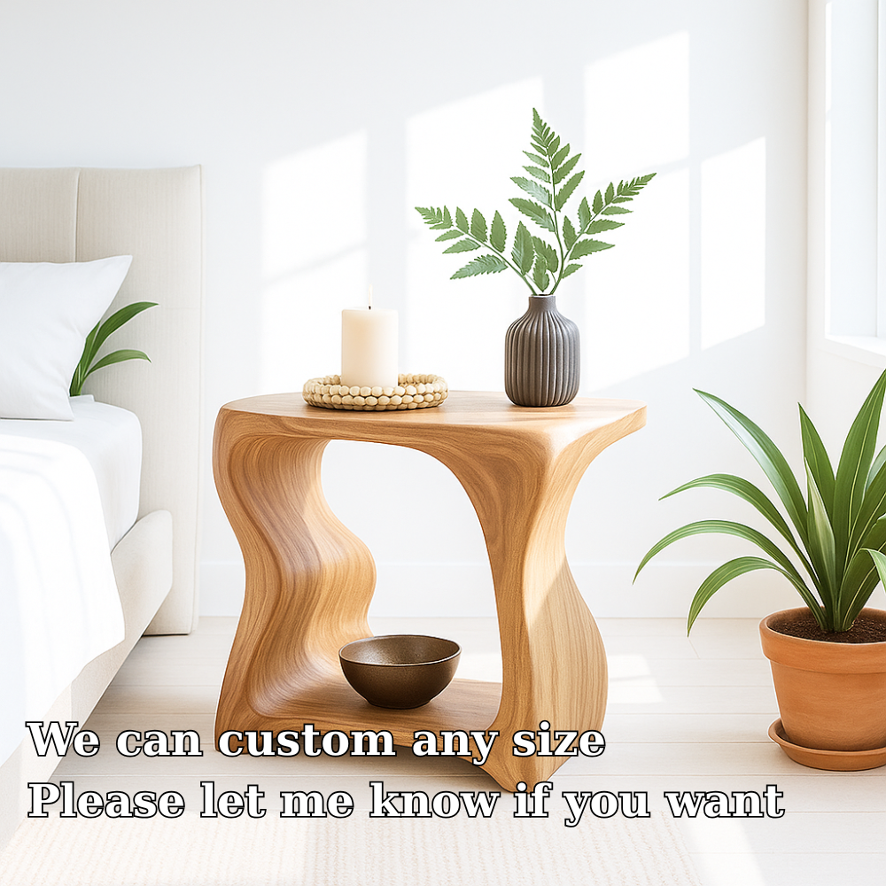 Modern Wooden Nightstand with Curved Design for Bedroom - Natural Wood Finish