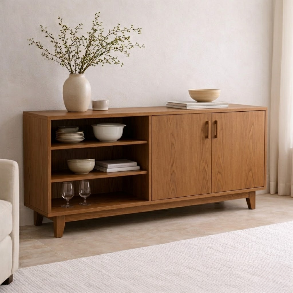 Modern Solid Wood Sideboard Console Cabinet with Open Shelf and Doors