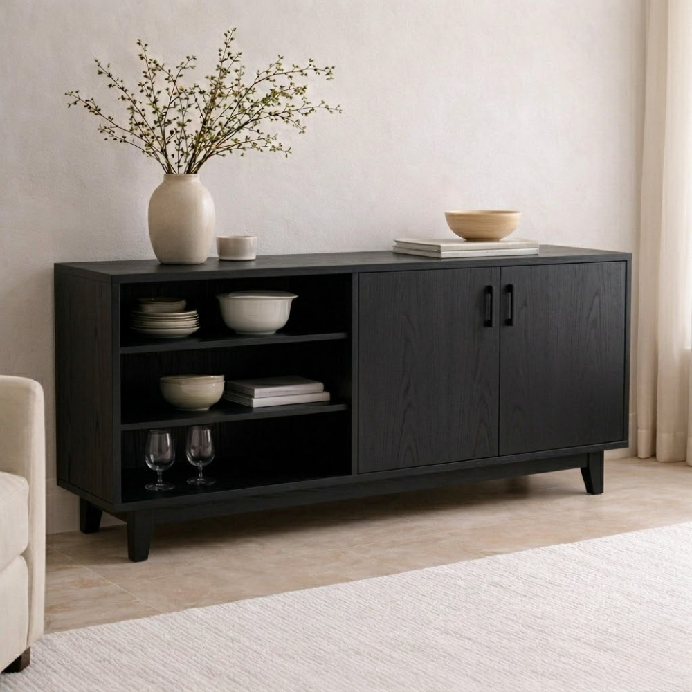 Modern Solid Wood Sideboard Console Cabinet with Open Shelf and Doors