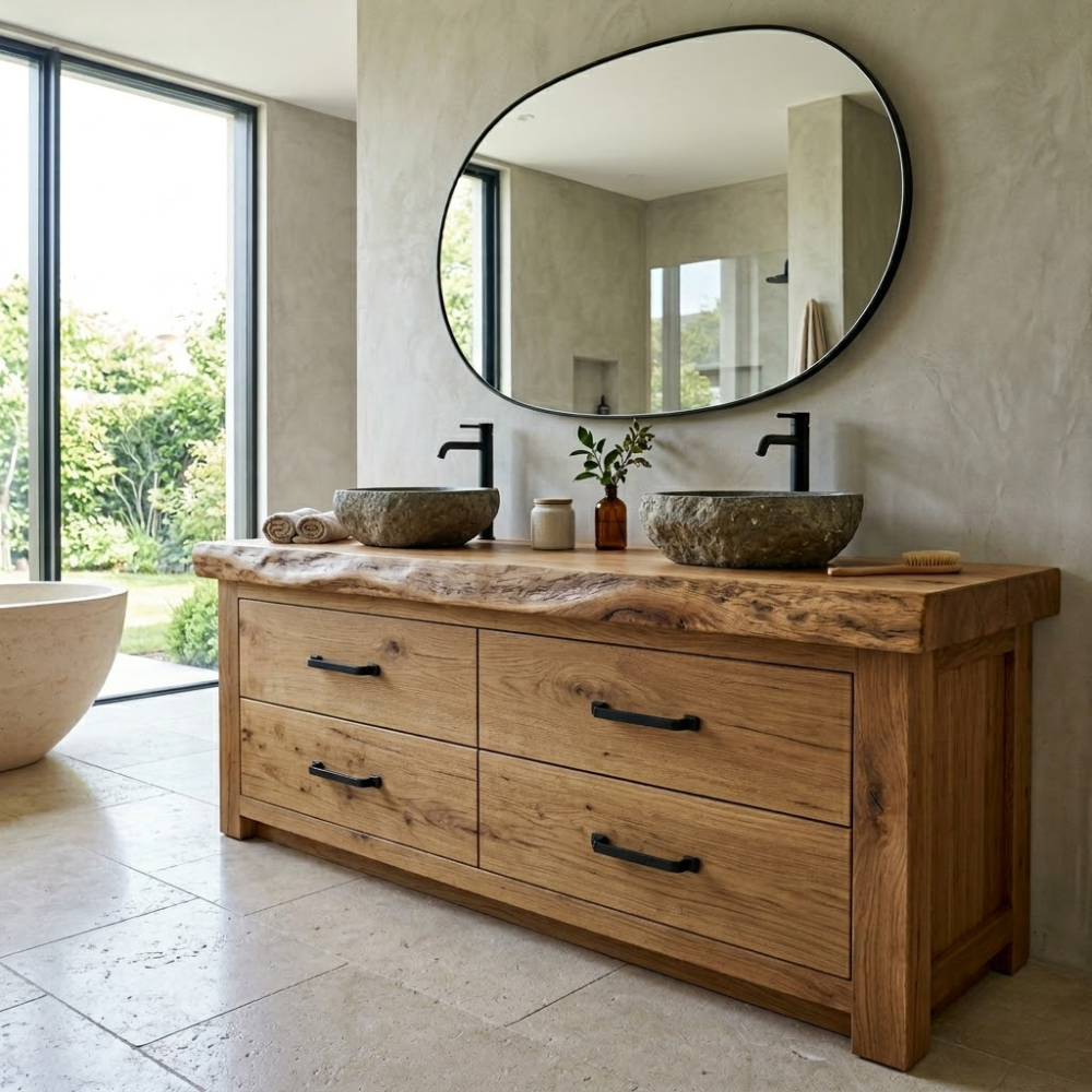 Rustic Solid Wood Bathroom Vanity Double Sink Base Live Edge Top Drawer Storage