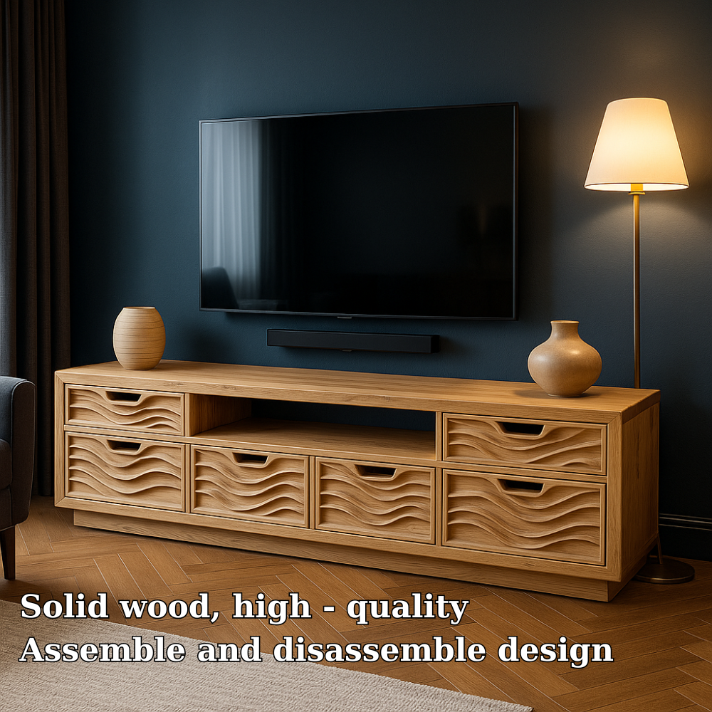 Solid Wood TV Stand Modern Oak Media Console with Wave Drawers and Storage