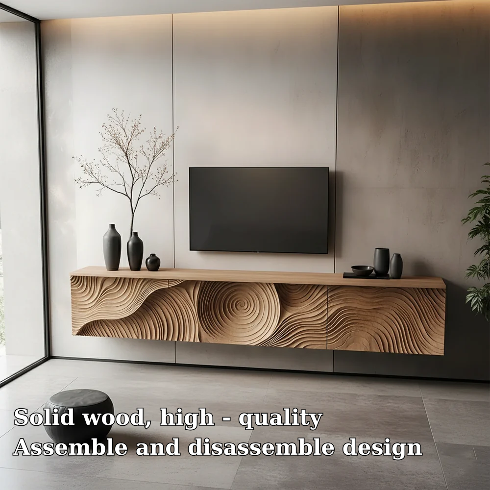 Solid Wood Floating TV Stand Modern Wall Mounted Media Console with Carved Front