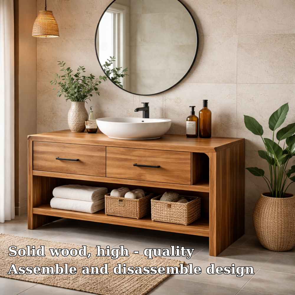 Solid Wood Bathroom Vanity with Drawers and Open Shelf – Modern Vanity Cabinet