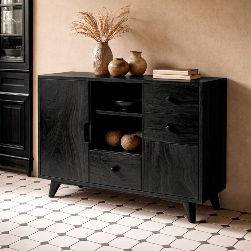 Solid Wood Console Cabinet | Mid-Century Modern Storage with Open Shelves