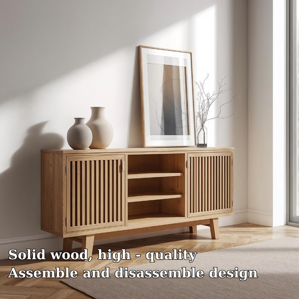 Modern Oak Console Cabinet with Vertical Slatted Doors – Stylish Storage for Living Room