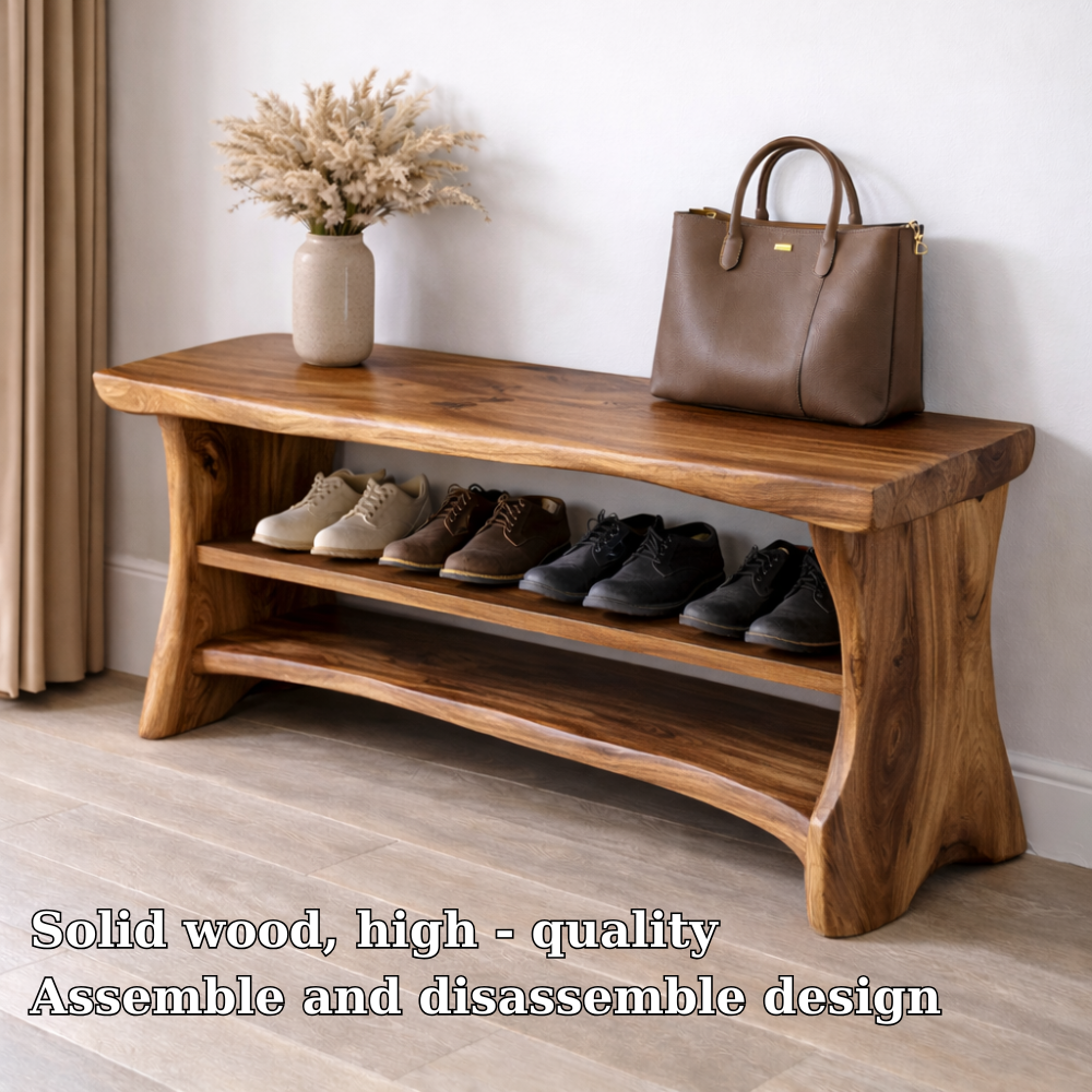 Solid Wood Entryway Bench with Shoe Storage Shelf – Natural Wood Shoe Rack Bench