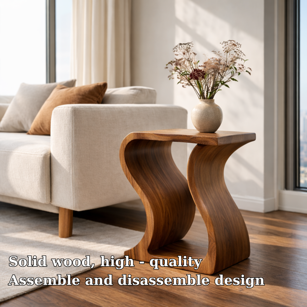Modern Solid Wood End Table – Sculptural Curved Wooden Side Table for Living Room