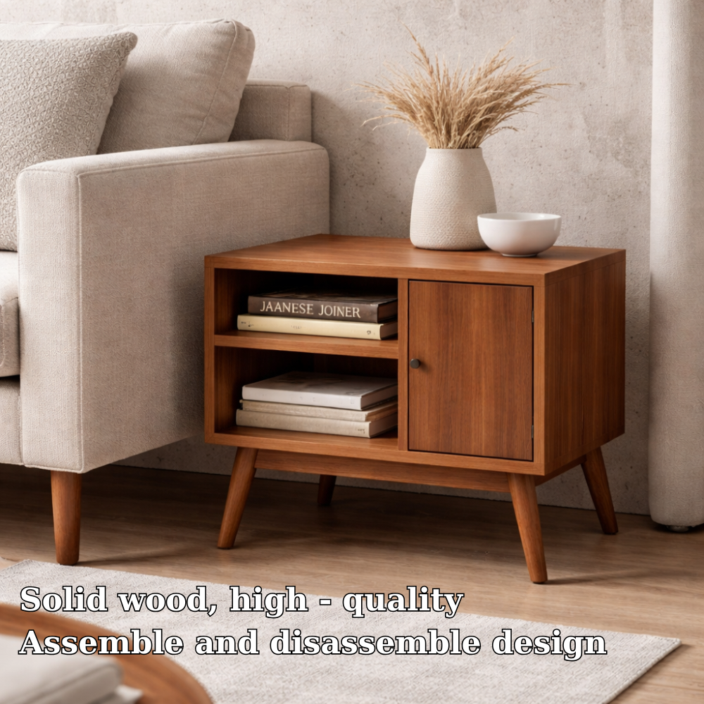 Solid Wood End Table with Door and Open Shelf – Mid Century Modern Side Table
