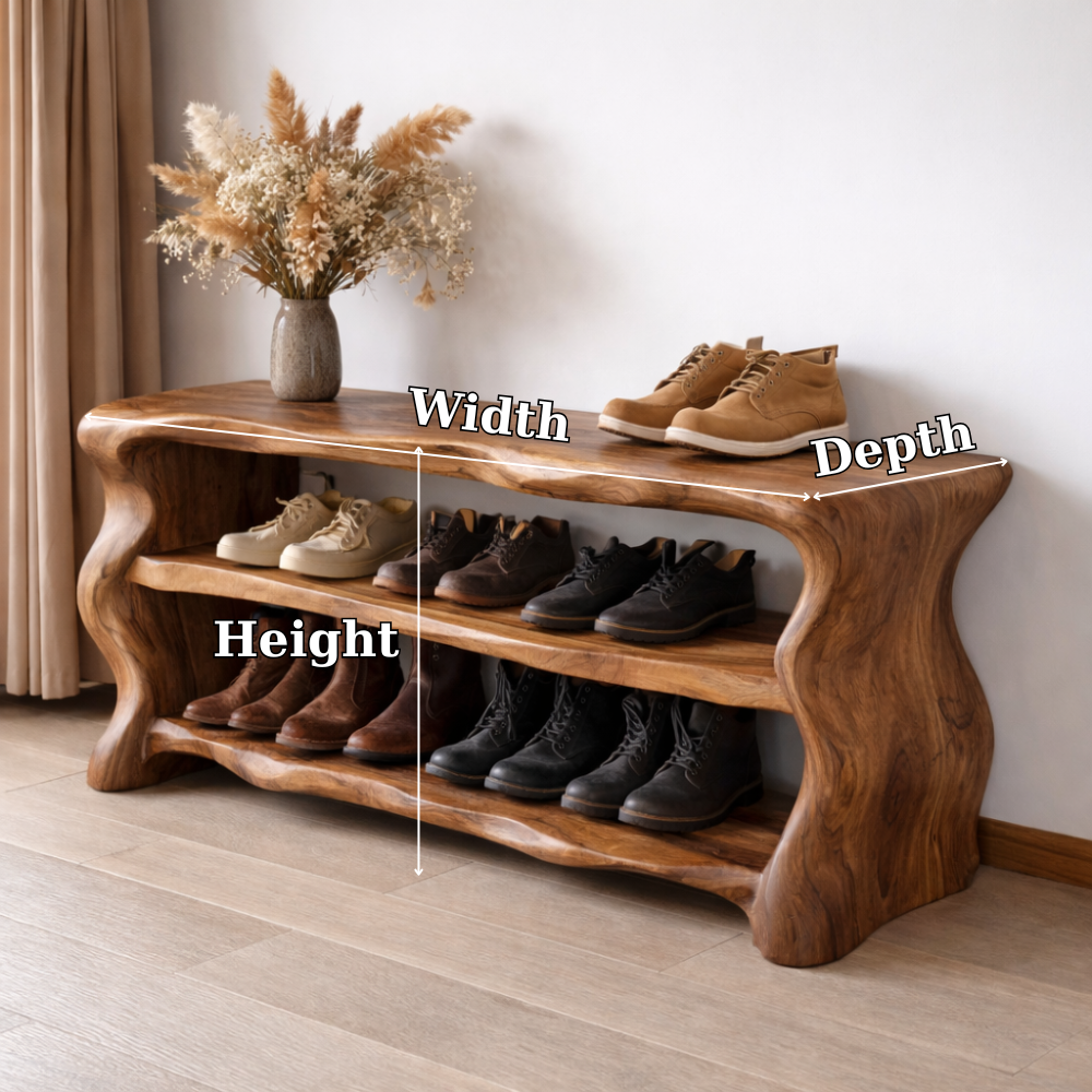 Solid Wood Entryway Bench with Shoe Storage – Rustic Live Edge Shoe Rack Bench