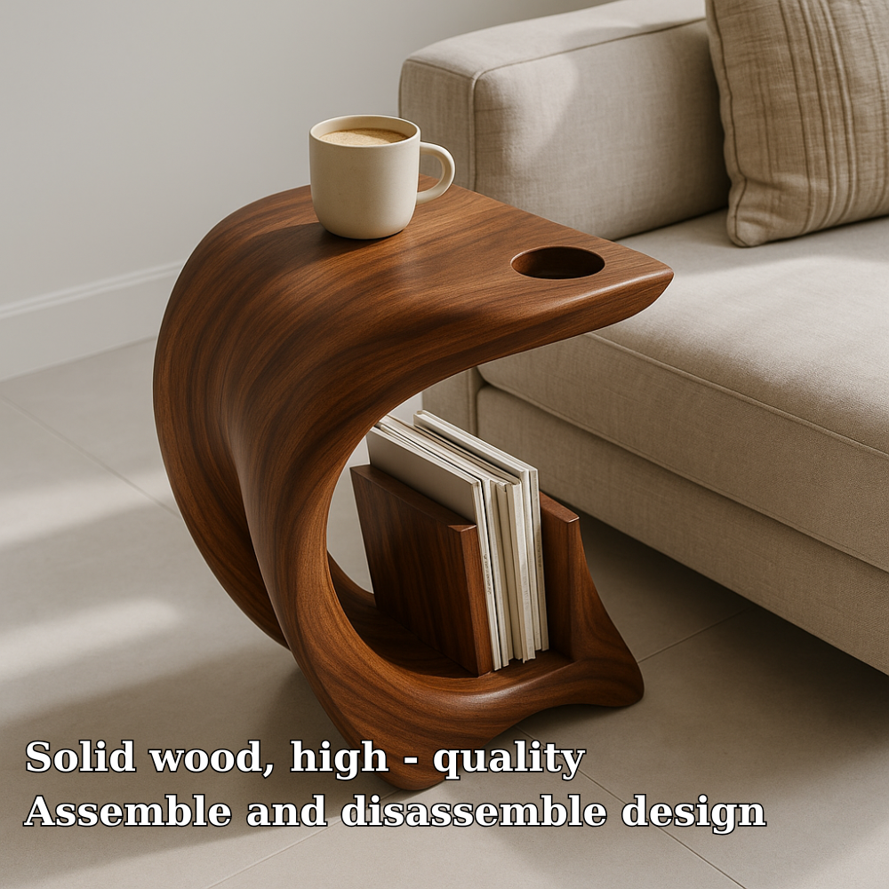 Solid Wood Sofa Armrest Table with Cup Holder and Magazine Holder Side Table