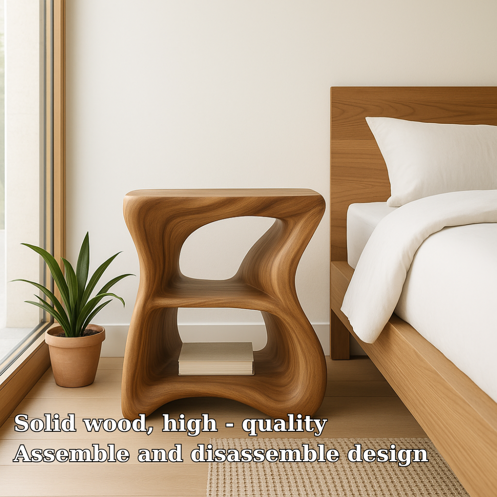 Modern Solid Wood Nightstand with Curved Design - Stylish Bedside Table for Bedroom