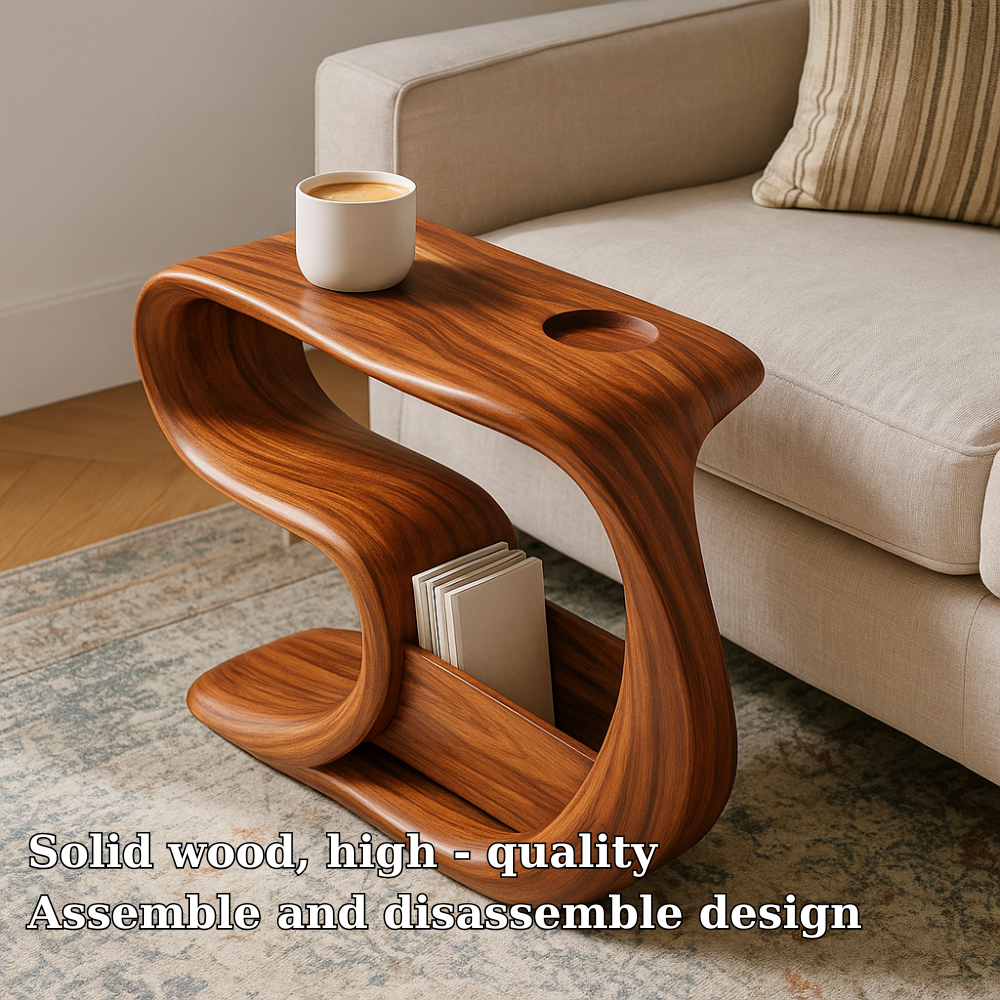 Solid Wood Sofa Armrest Table with Cup Holder and Magazine Storage Side Table
