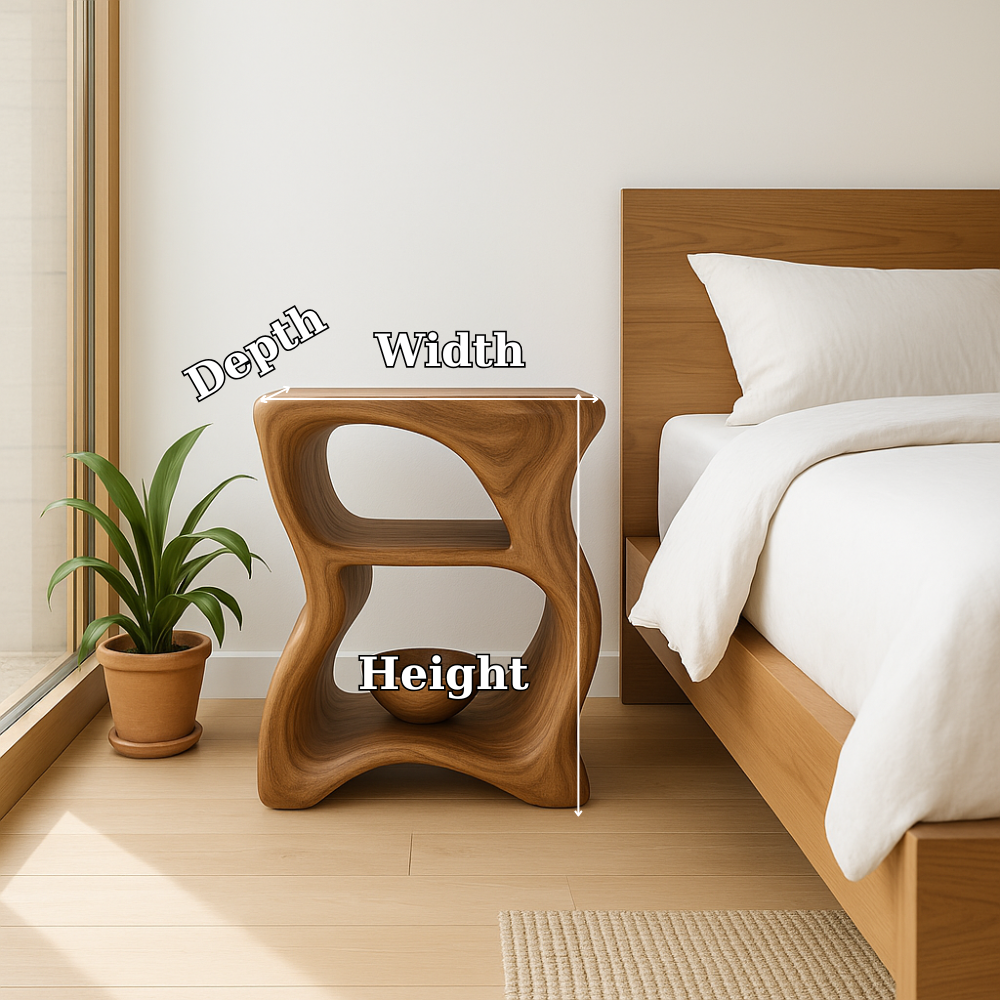 Modern Solid Wood Nightstand – Sculptural Wooden Bedside Table with Open Shelf