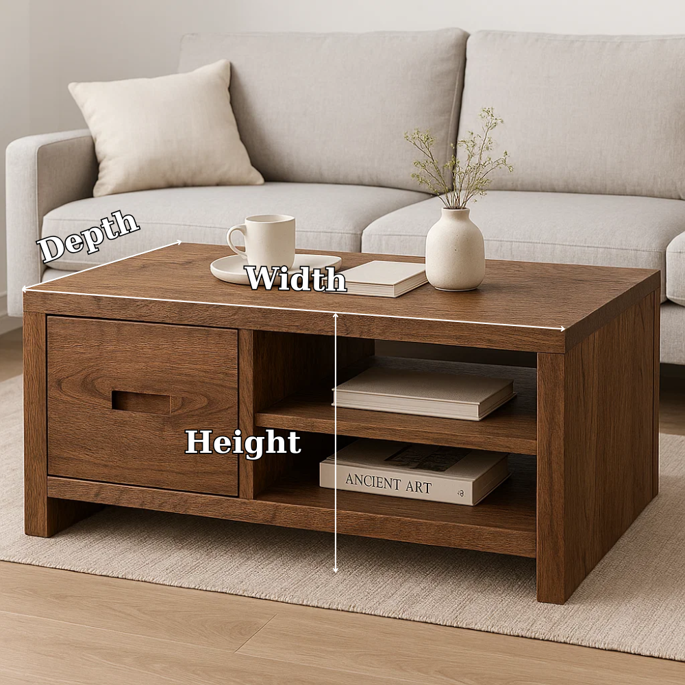 Solid Wood Coffee Table with Storage Drawer and Shelf – Modern Rustic Living Room Table