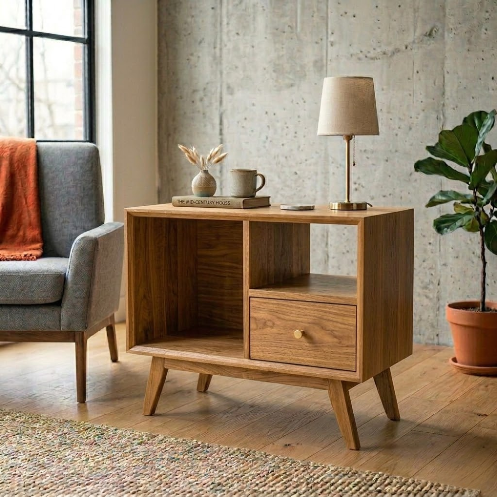 Solid Wood End Table with Open Shelves and Drawer – Mid Century Modern Side Table
