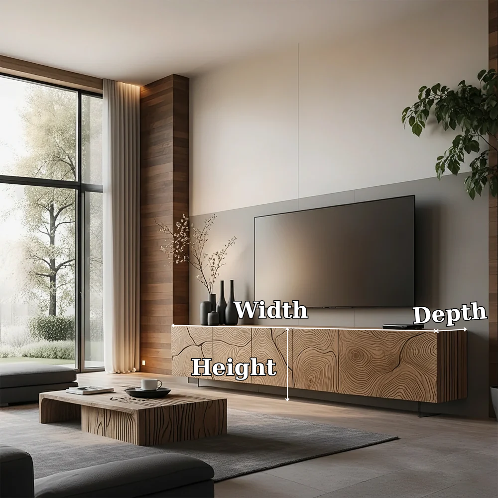 Solid Wood Floating TV Stand Modern Wall Mounted Media Console with Carved Design