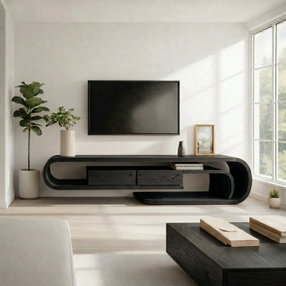 Solid Wood Media Console with Curved Frame & Floating Design, Modern TV Stand