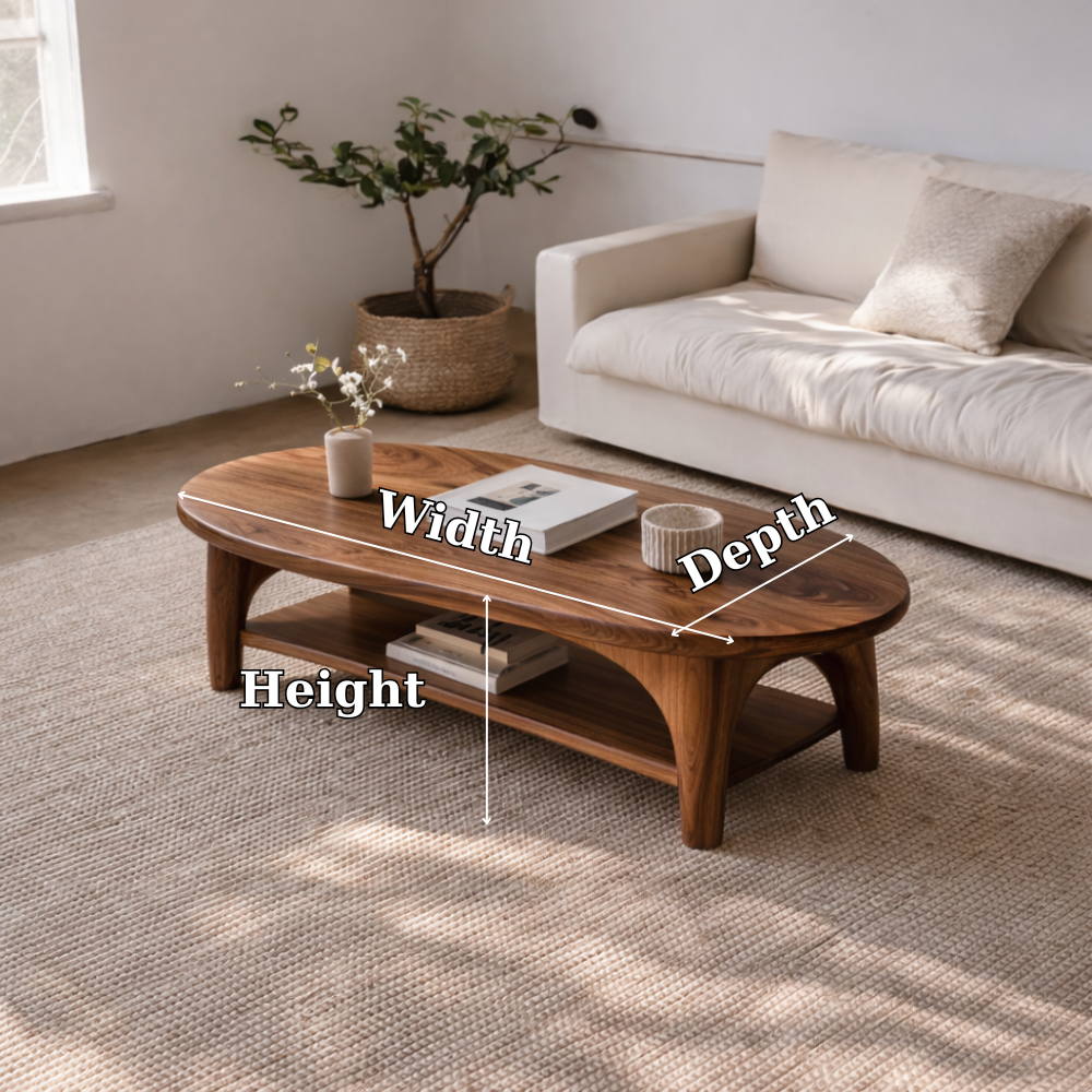 Handcrafted Solid Wood Coffee Table – Oval Modern Center Table with Shelf