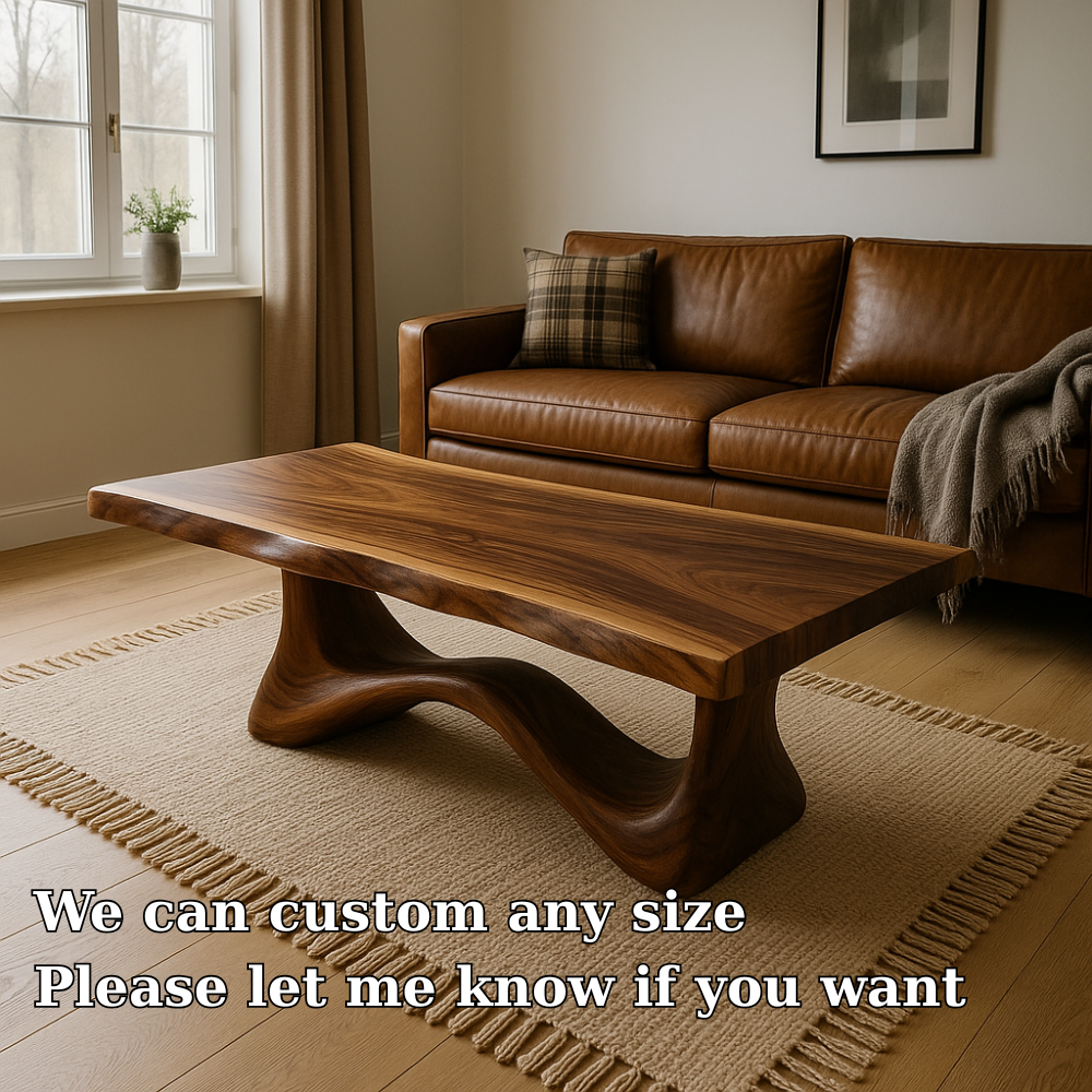 Solid Wood Coffee Table Modern Walnut with Sculptural Curved Base
