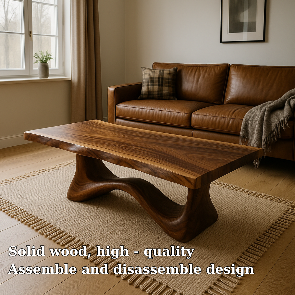Solid Wood Coffee Table Modern Walnut with Sculptural Curved Base