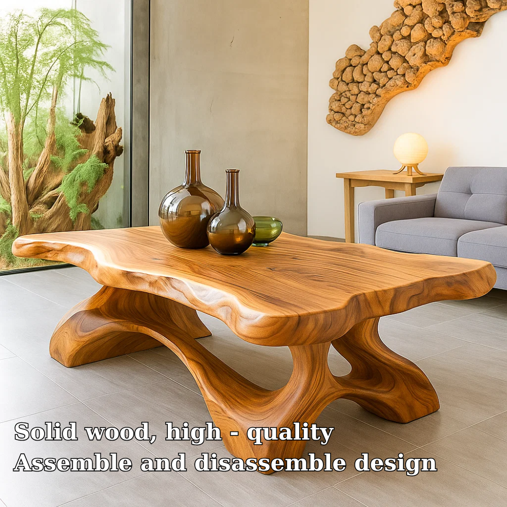 Solid Wood Coffee Table Live Edge Modern Sculptural Base Natural Wood