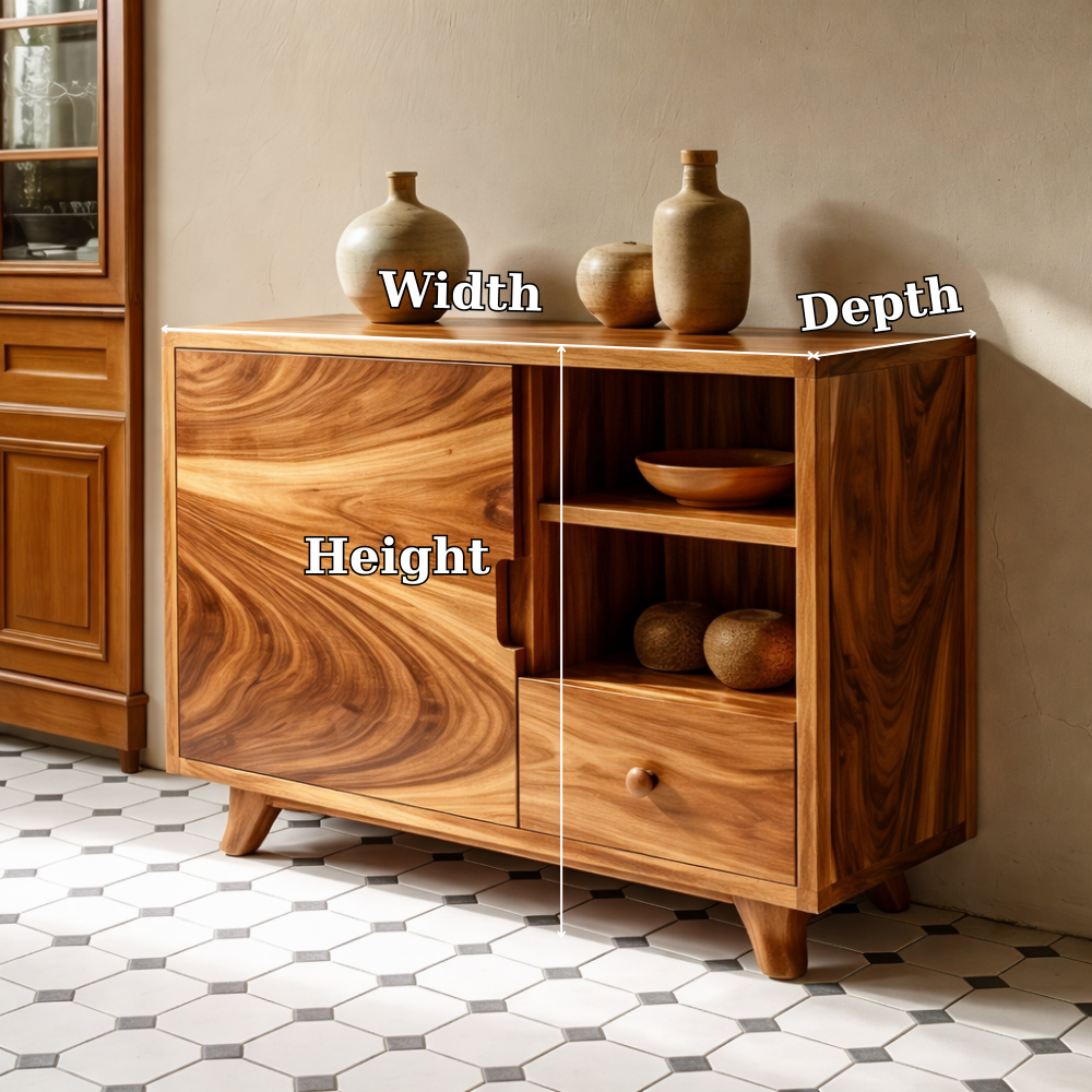 Solid Wood Console Cabinet | Mid-Century Modern with Open Shelving and Drawers