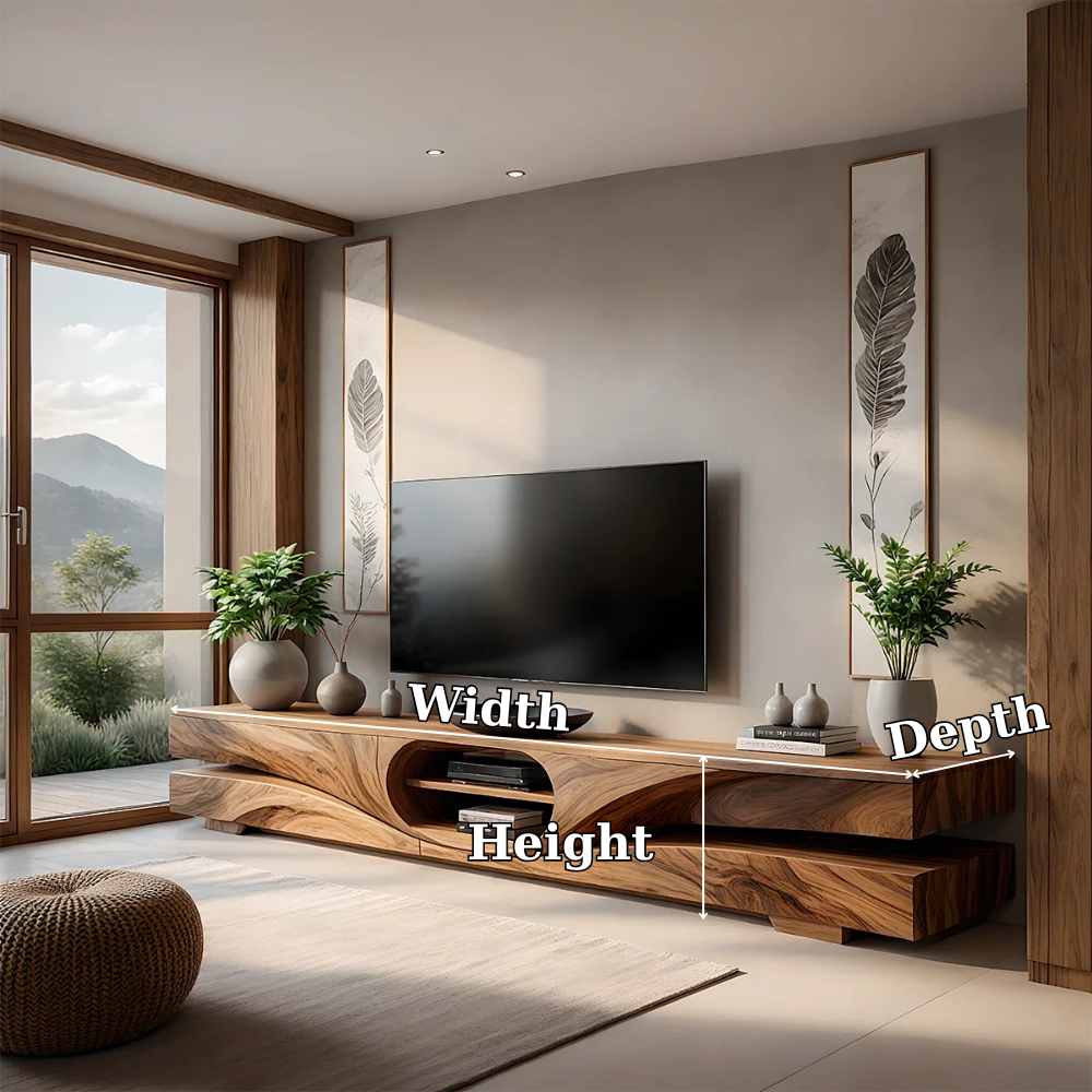 Solid Wood TV Stand Modern Walnut Floating Media Console with Open Storage