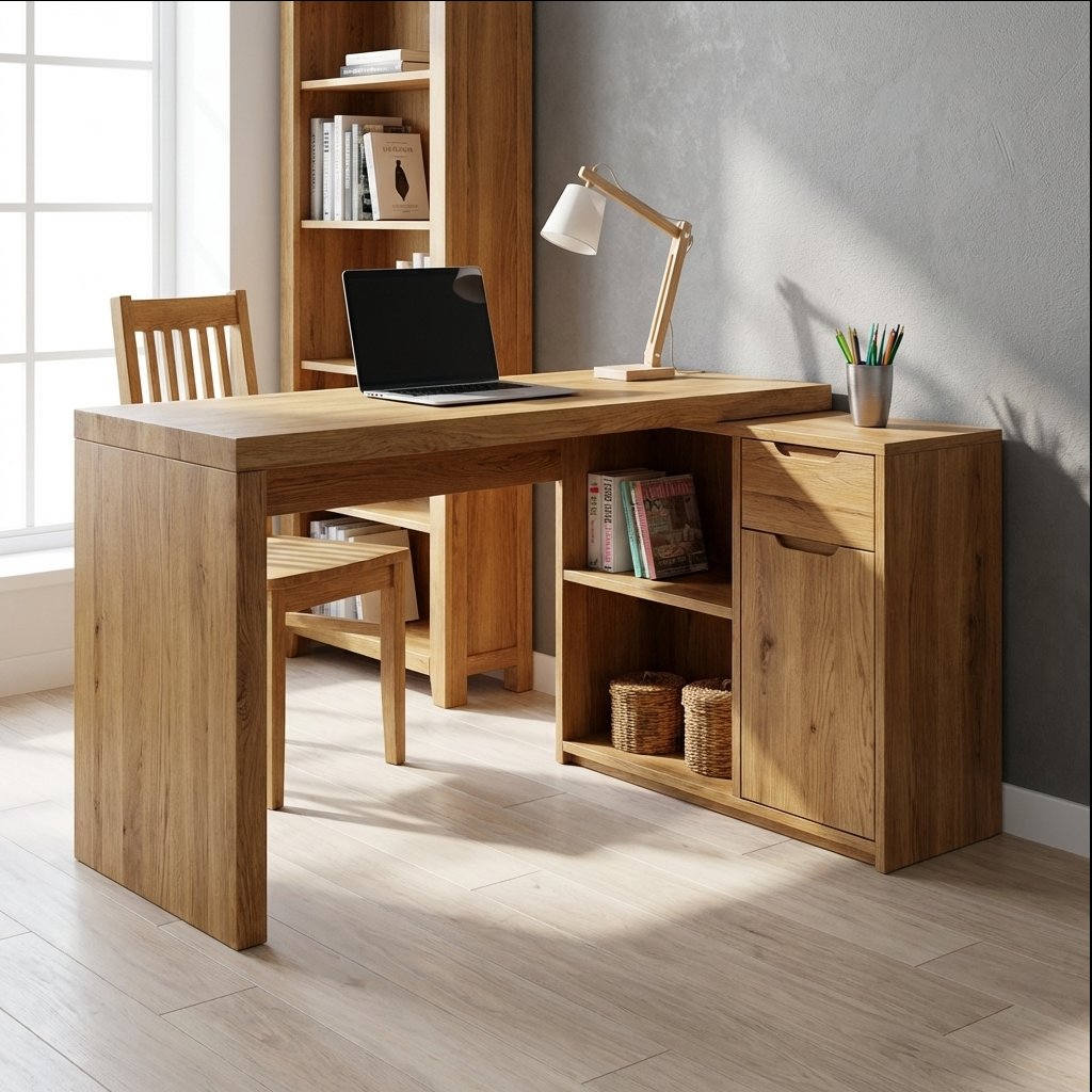 Solid Wood Desk with Storage Cabinet & Shelves – Modern Home Office Table