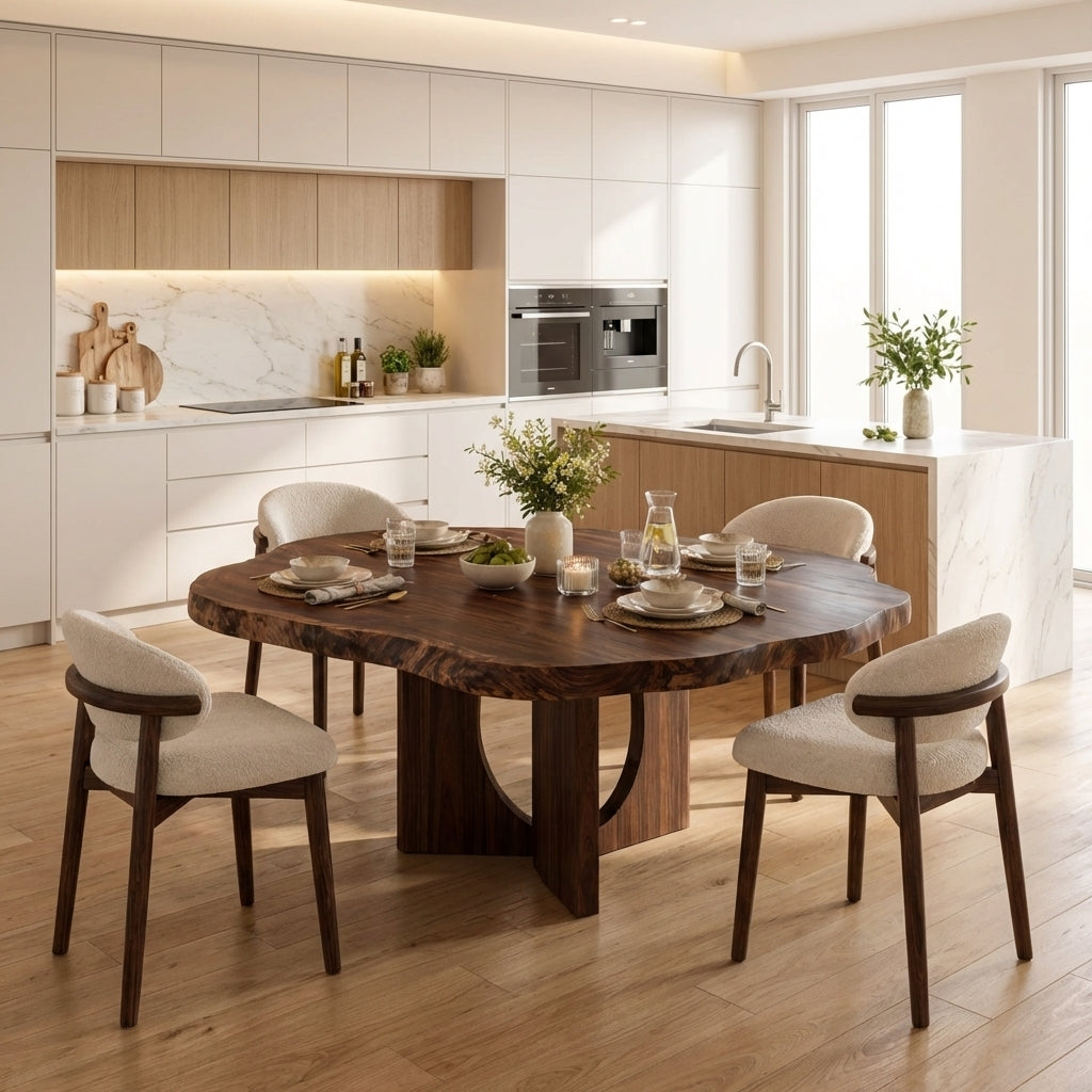Live Edge Round Solid Wood Dining Table, Sculptural Pedestal Base