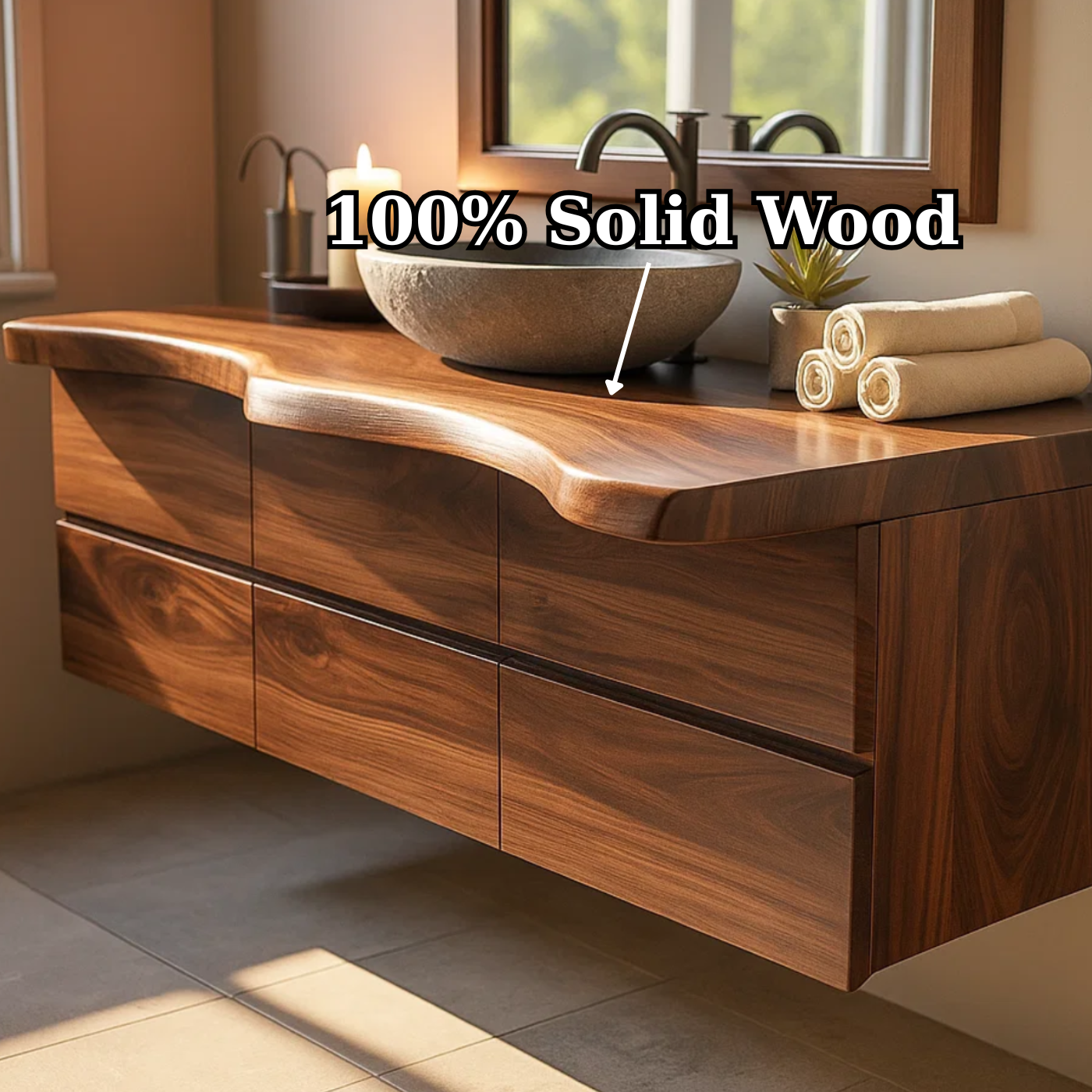 Luxury Solid Walnut Floating Bathroom Vanity with Sculpted Live Edge Countertop and Soft-Close Drawers