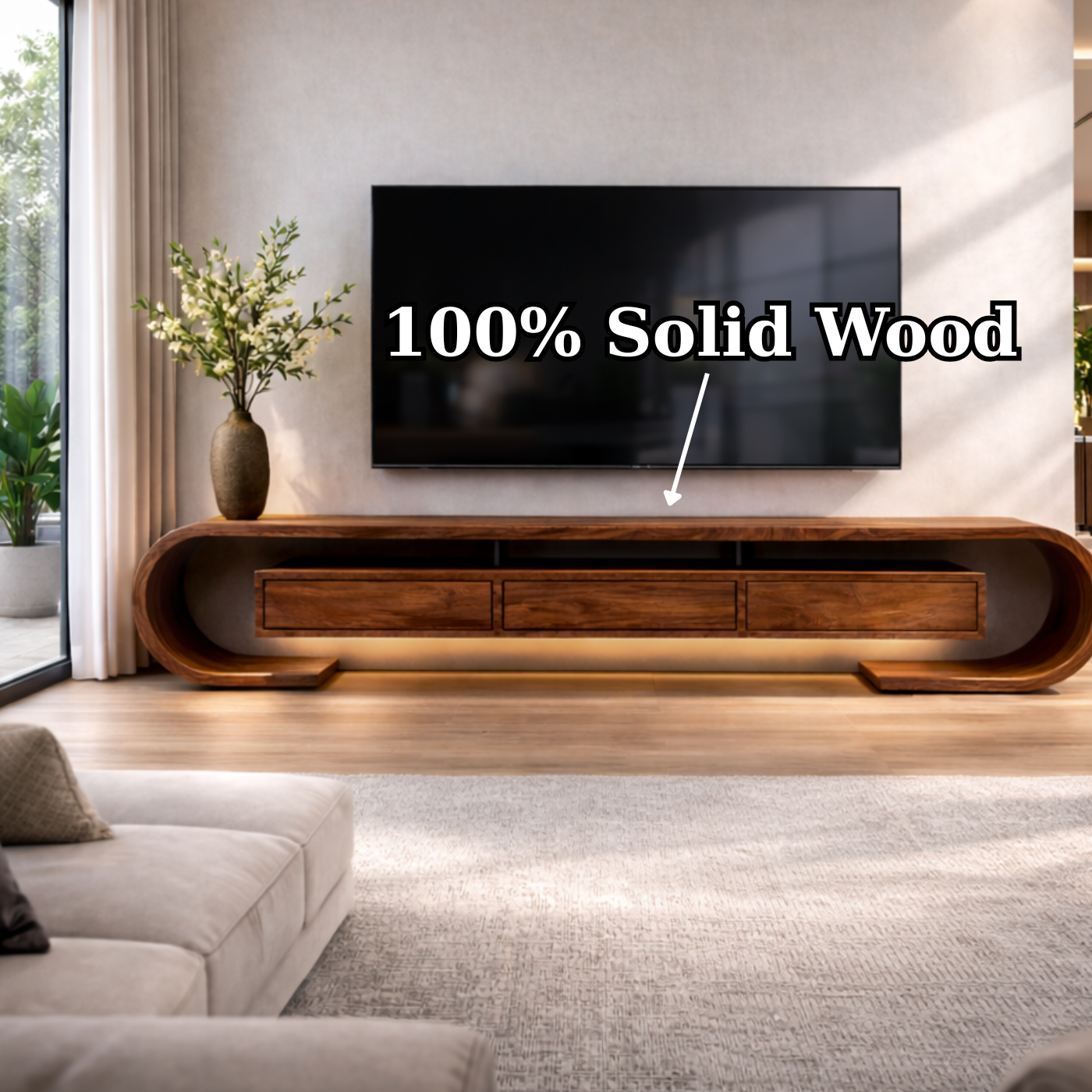 Modern Curved Solid Wood TV Stand – Walnut Floating Media Console with Drawers