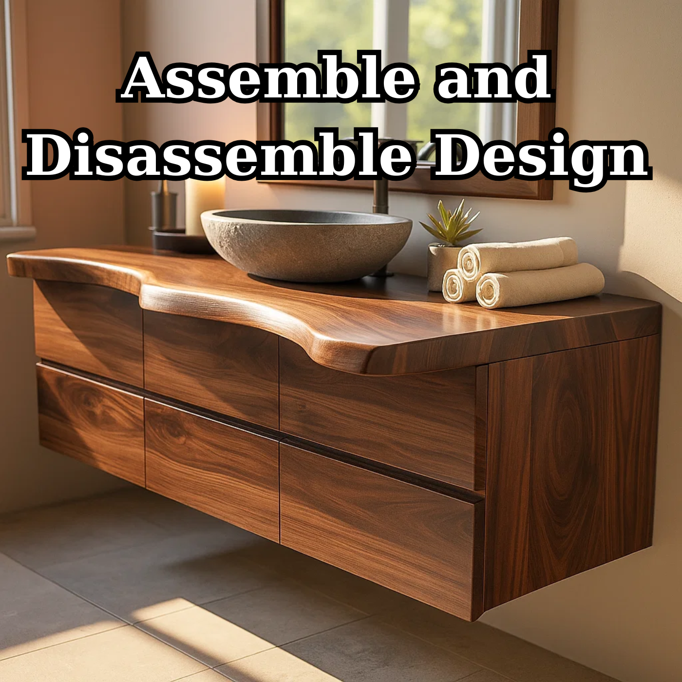 Luxury Solid Walnut Floating Bathroom Vanity with Sculpted Live Edge Countertop and Soft-Close Drawers