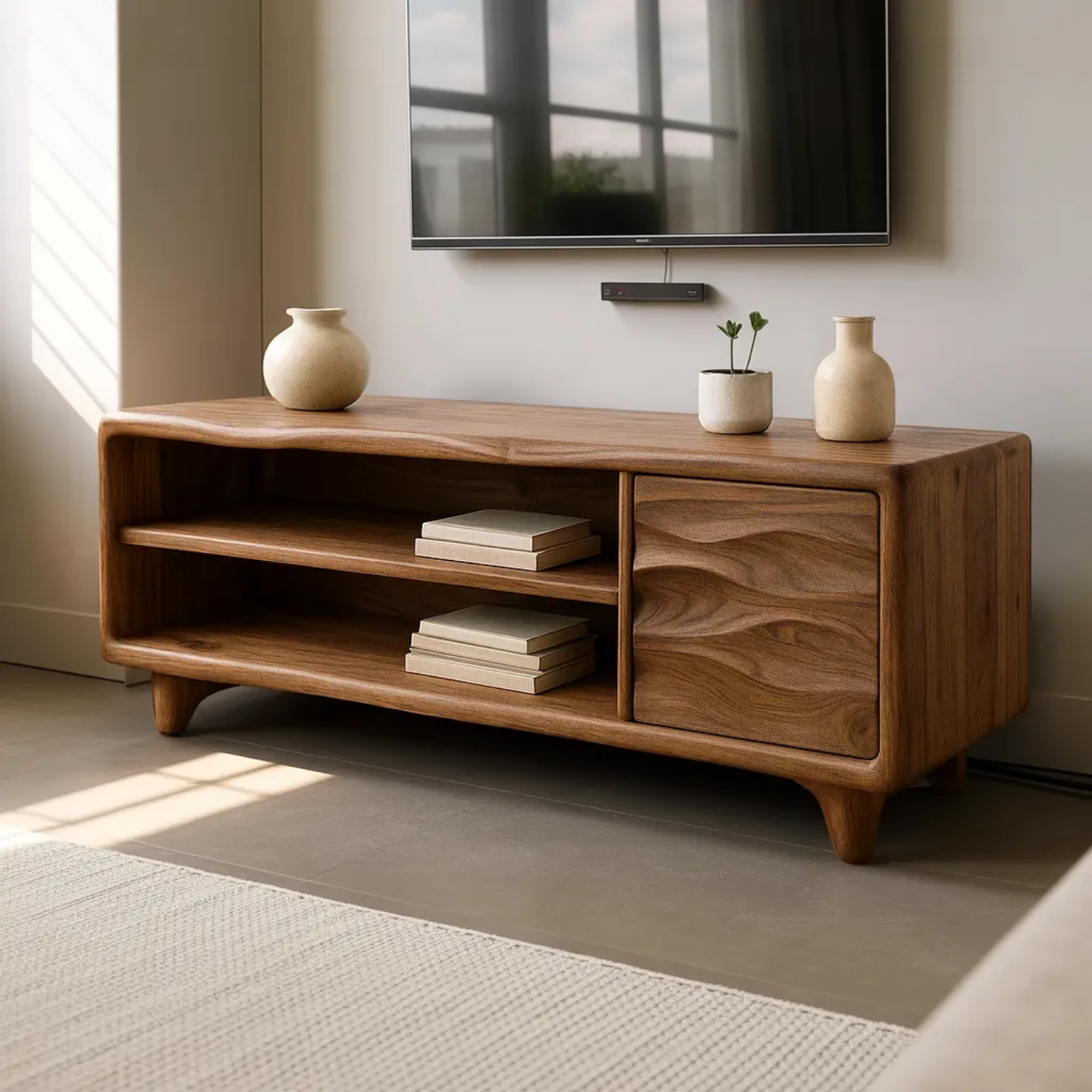Modern Solid Wood TV Stand with Open Shelves and Wave Grain Cabinet Door